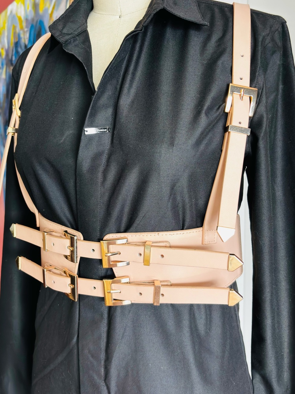 Nude Leather Harness Belt with Gold Hardware - Women Accessories